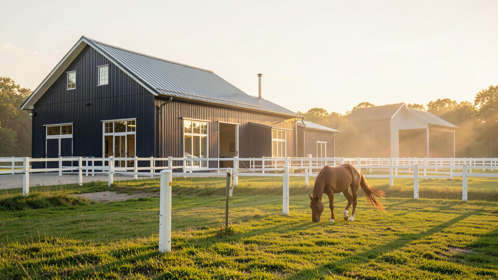 Horse grazing in front of a modern boarding barn at golden hour
