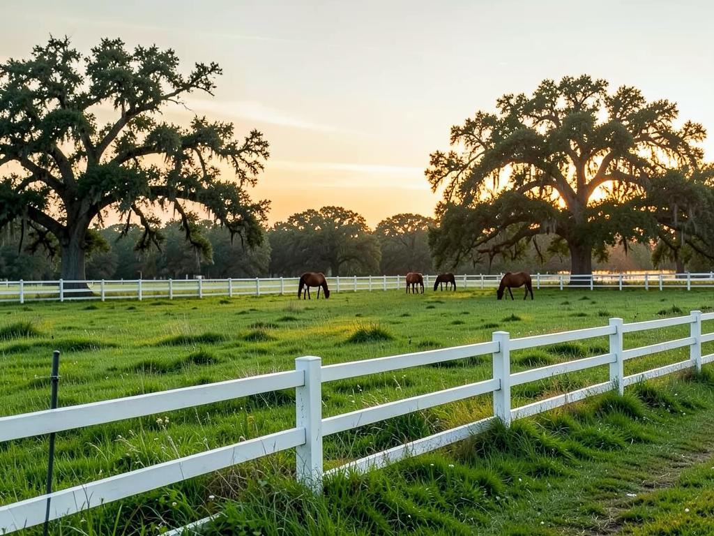 Horses grazing in a white-fenced pasture at sunrise